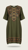 Olive Cypress Linen Tunic with Geometric Embroidery