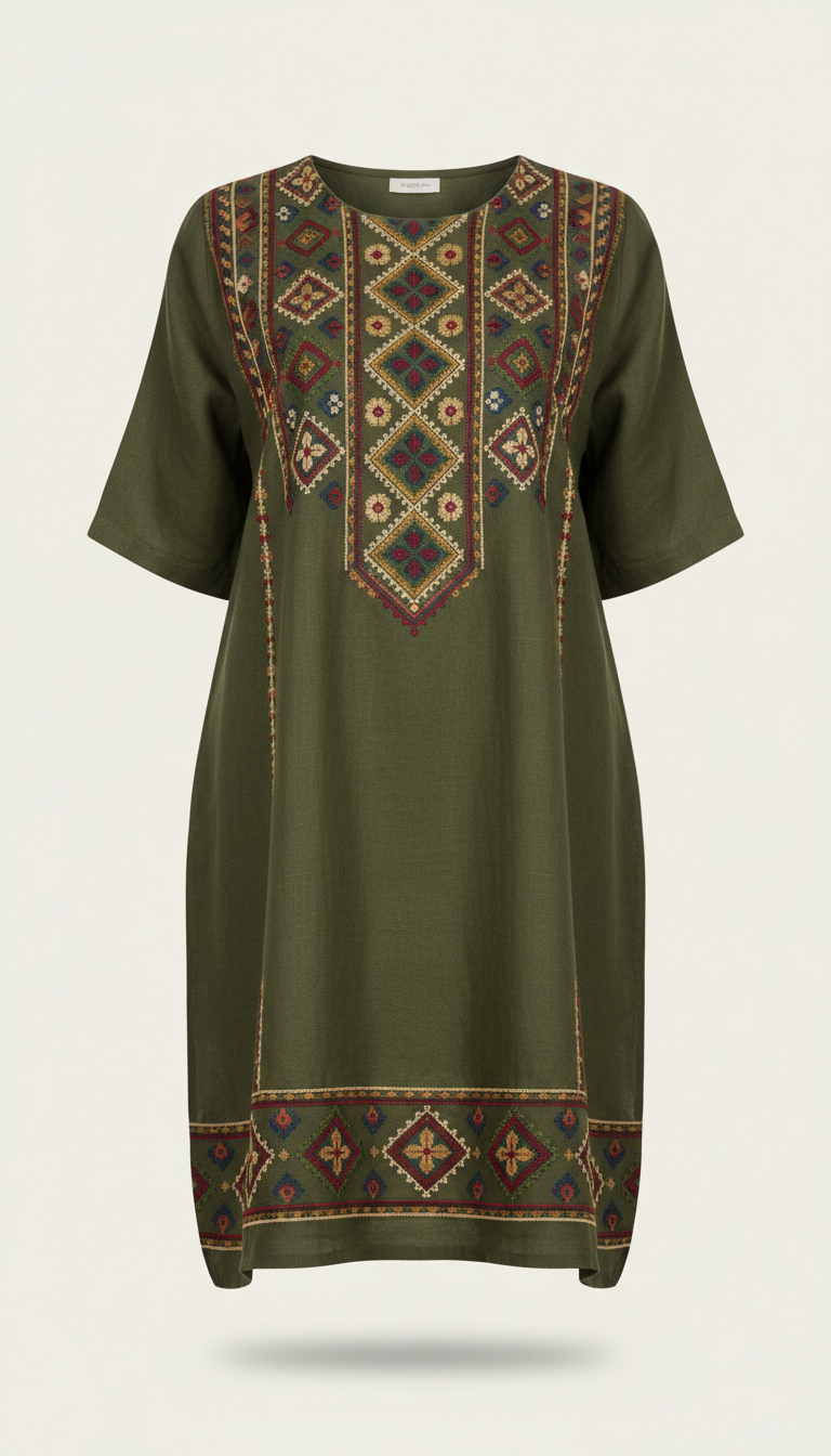 Olive Cypress Linen Tunic with Geometric Embroidery