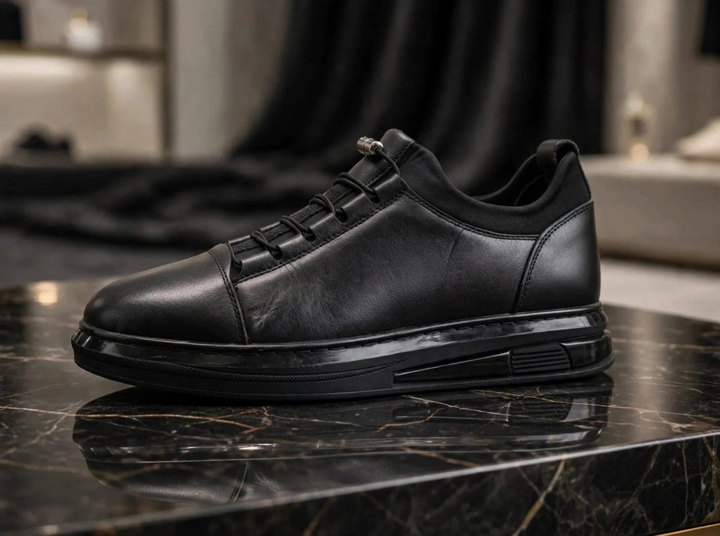 Black Leather Casual Sneaker - Elastic Toggle Lace
