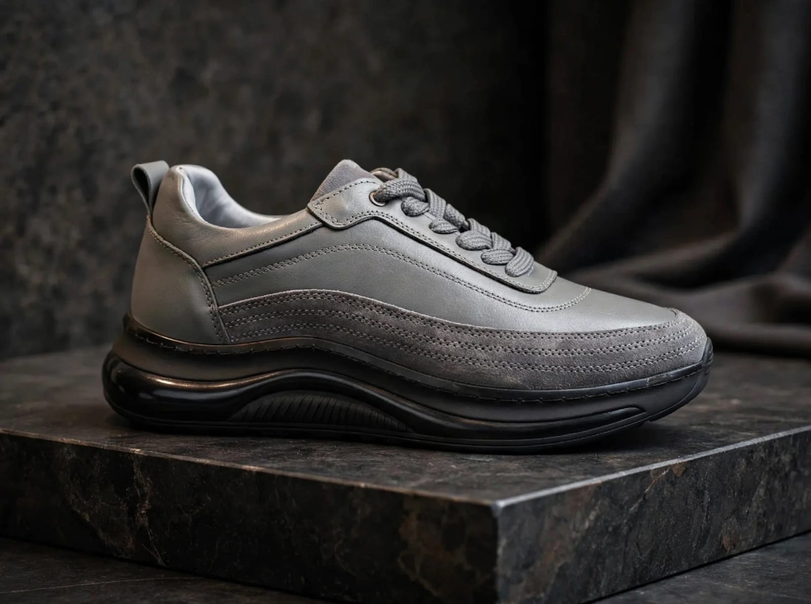 Miwano Leather Sneaker - Modern Stone Grey & Black
