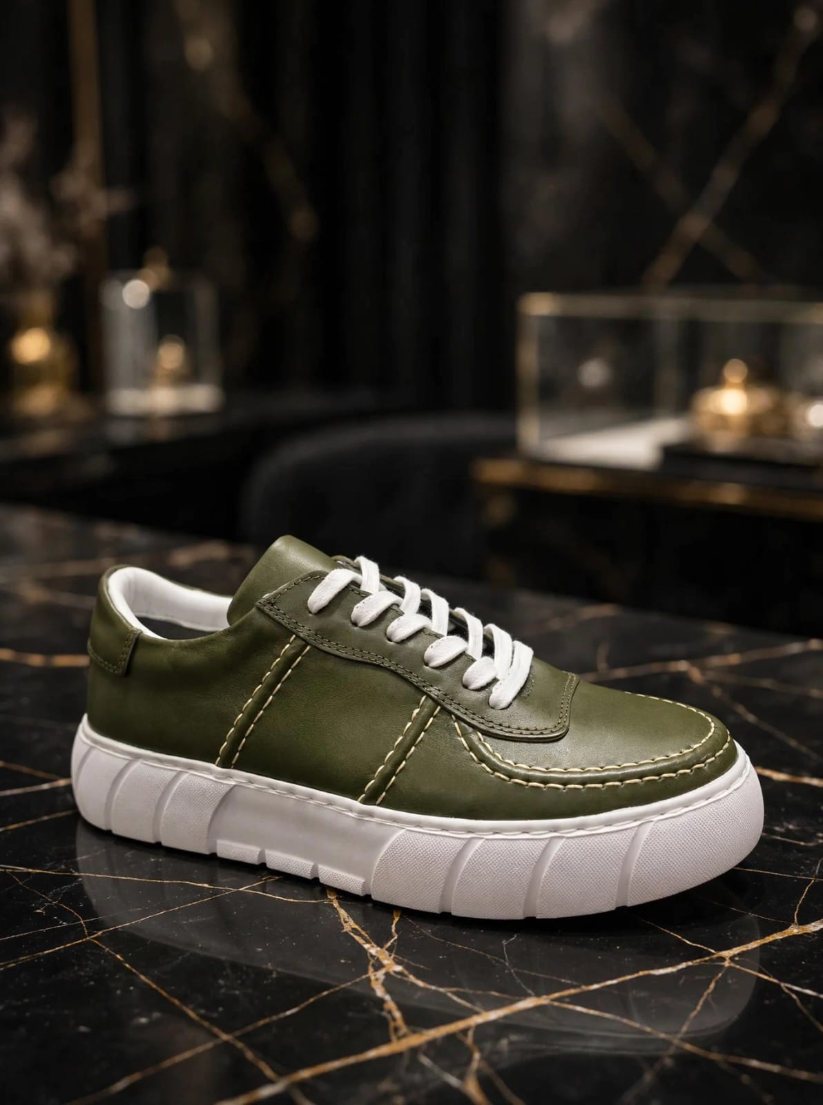 Lamazzi Genuine Leather Luxury Sneaker- Olive Green/ Military
