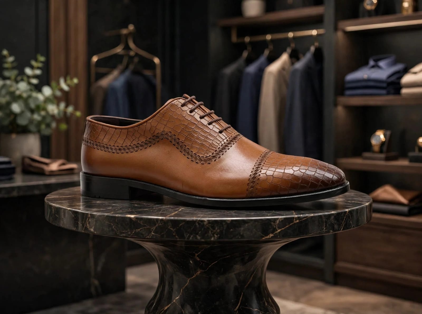 Croc-Textured Cap-Toe Oxford - Tan Brown
