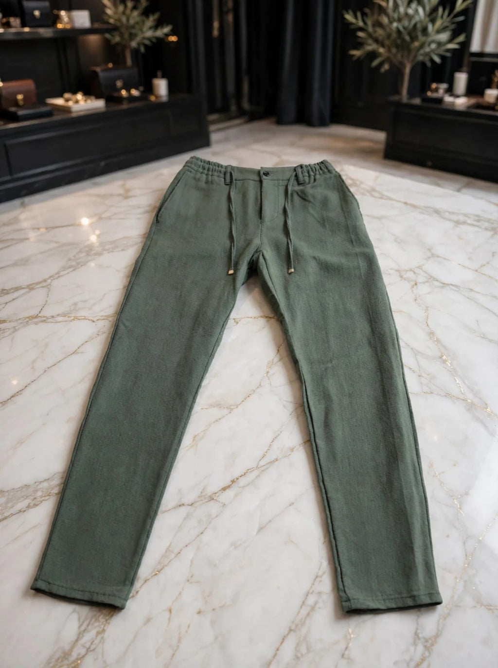 Men's Linen-blend Drawstring slim - Sage/ Olive Green