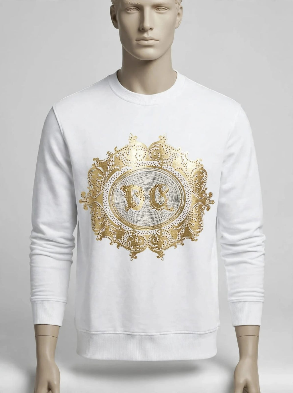 White DG Baroque Crest Sweatshirt - Gold Foil & Crystal Detail