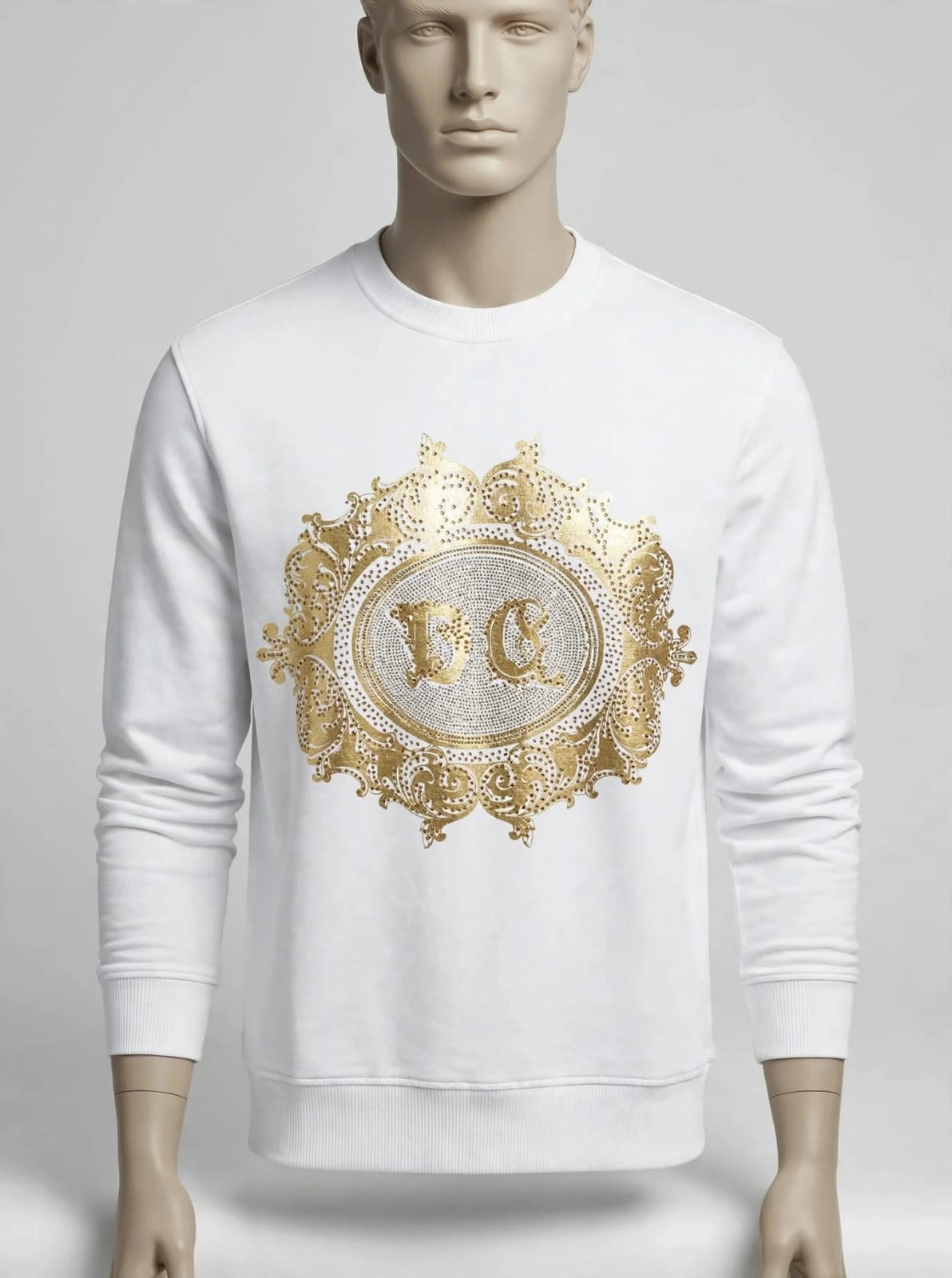 White DG Baroque Crest Sweatshirt - Gold Foil & Crystal Detail