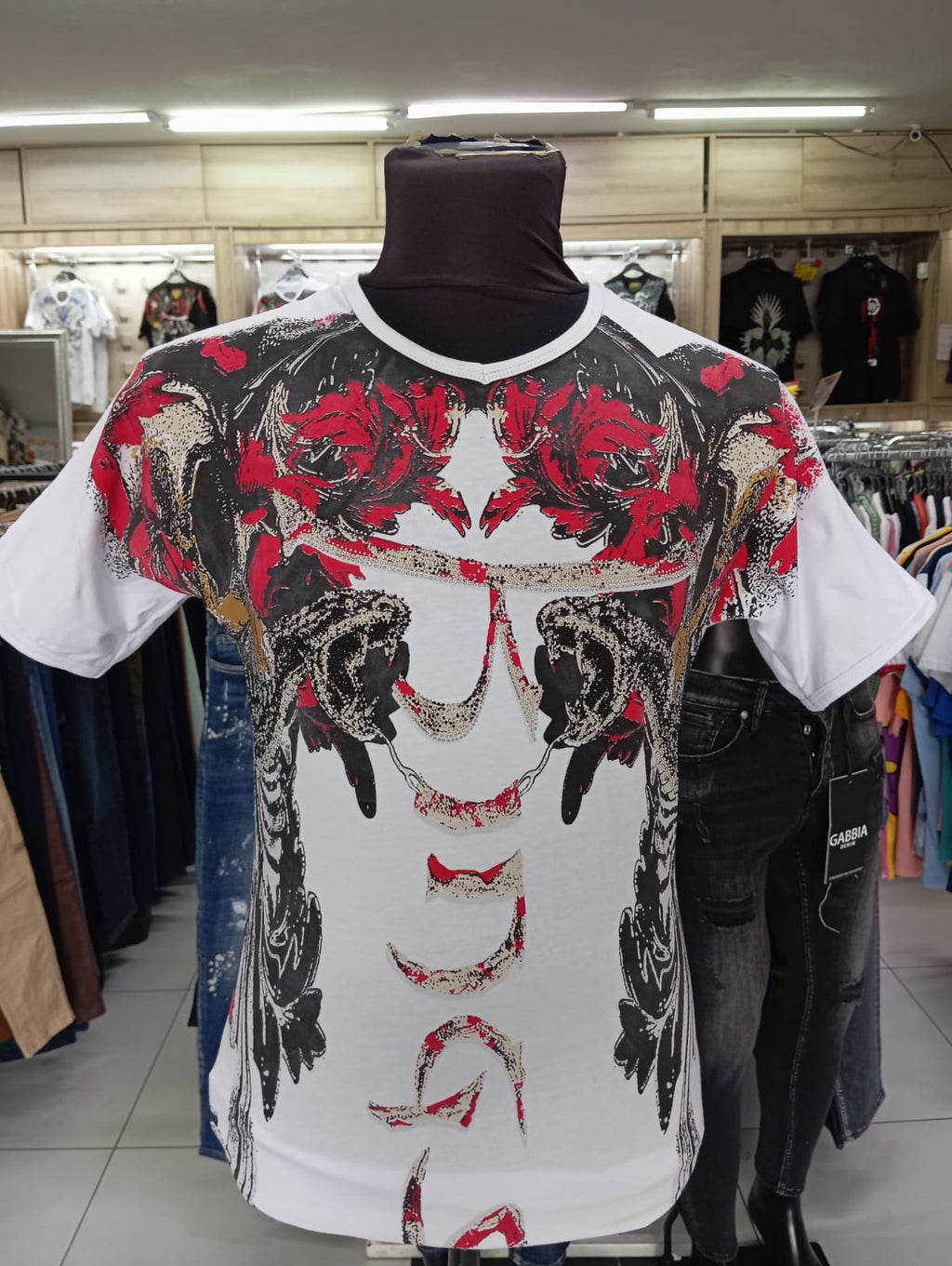 White Baroque Graphic T-Shirt -Red & Black Ornate Print