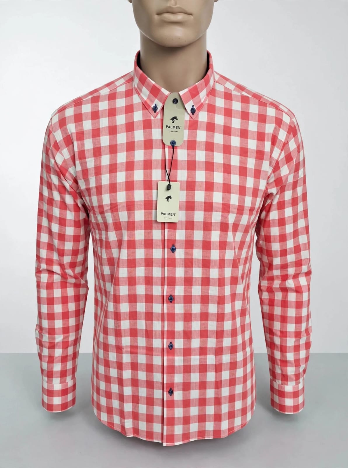 PALMEN Premium Gingham Check Shirt - Coral Red & White