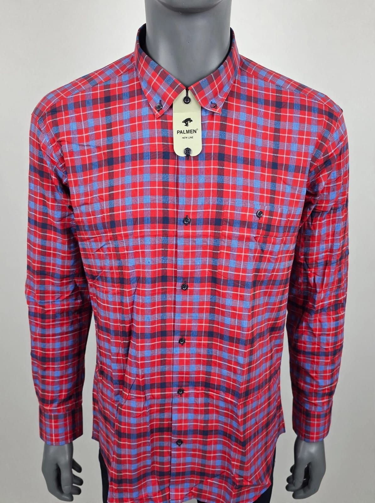 PALMEN New Line Men's Check Shirt - Red & Blue Plaid Long Sleeve