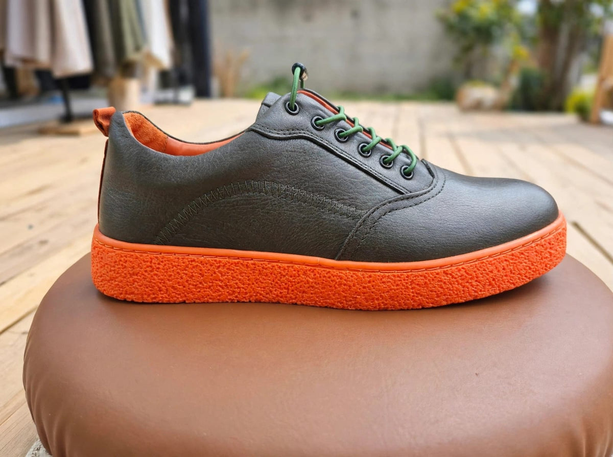 Lamazzi Classic Crepe Sole Leather Sneaker- Olive / Orange