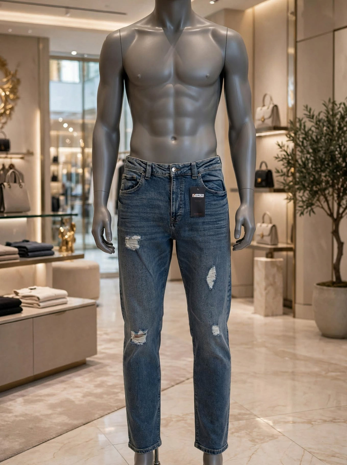 Bargello Premium Ripped Jean - Mid Wash Blue