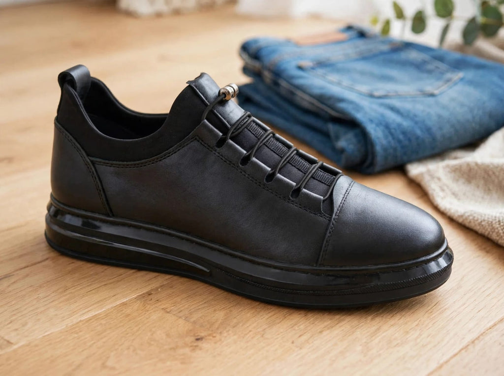 Black Leather Casual Sneaker - Elastic Toggle Lace