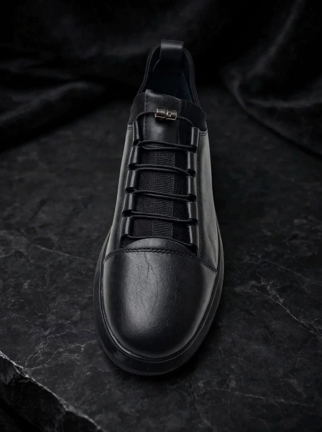 Black Leather Casual Sneaker - Elastic Toggle Lace