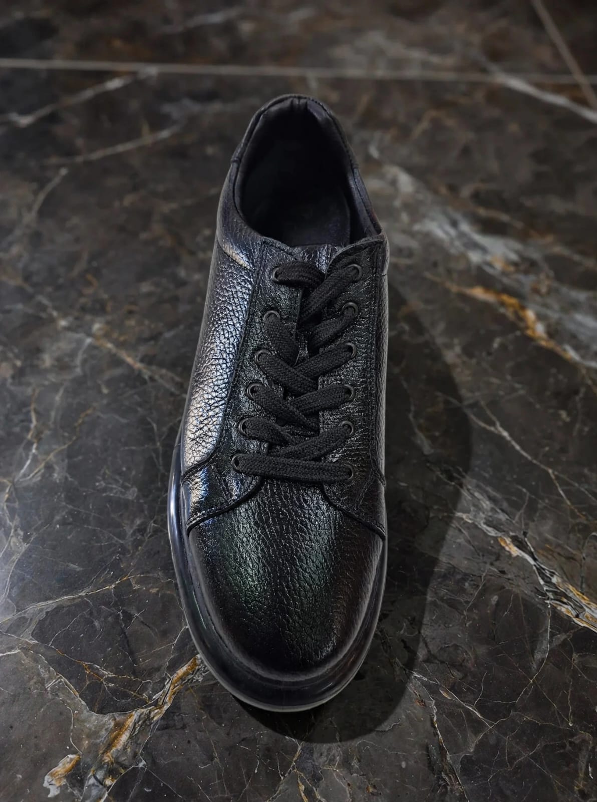 Premium Black Pebbled Leather Sneaker - Glossy Bubble Sole