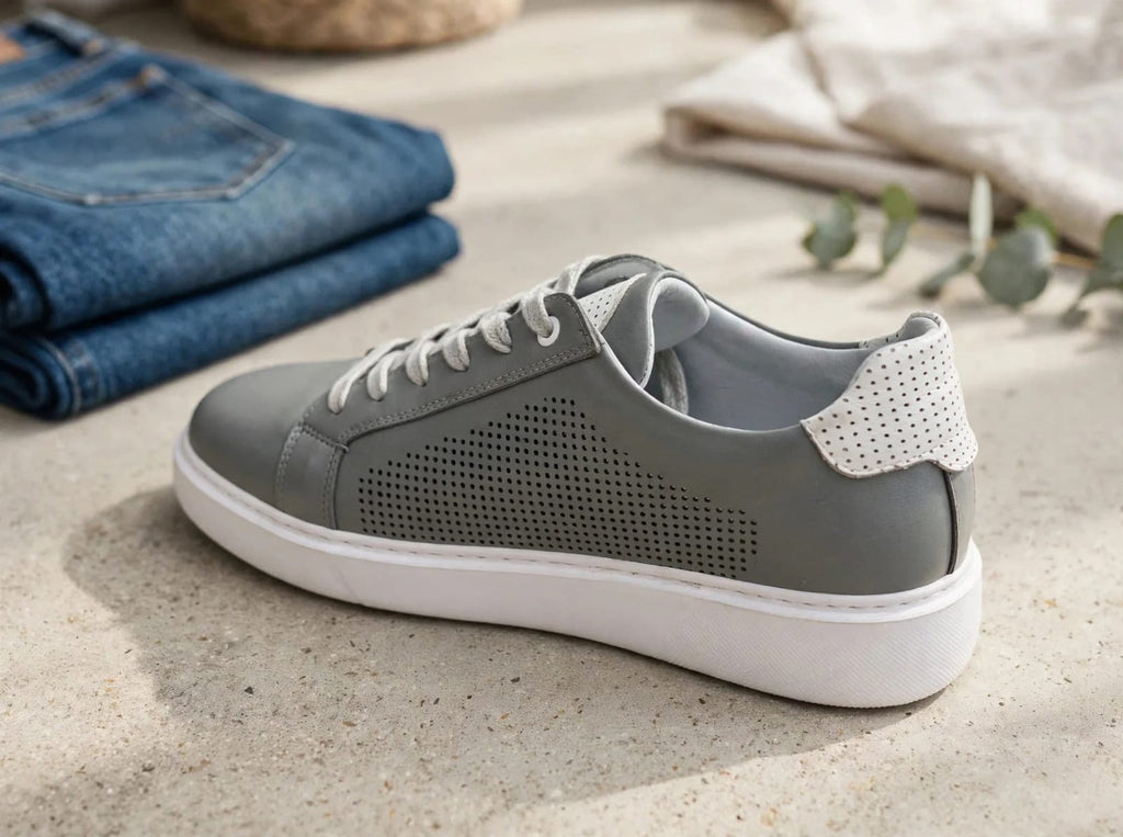 Miwano Pefofrated Leather Sneaker - Stone lGrey/White