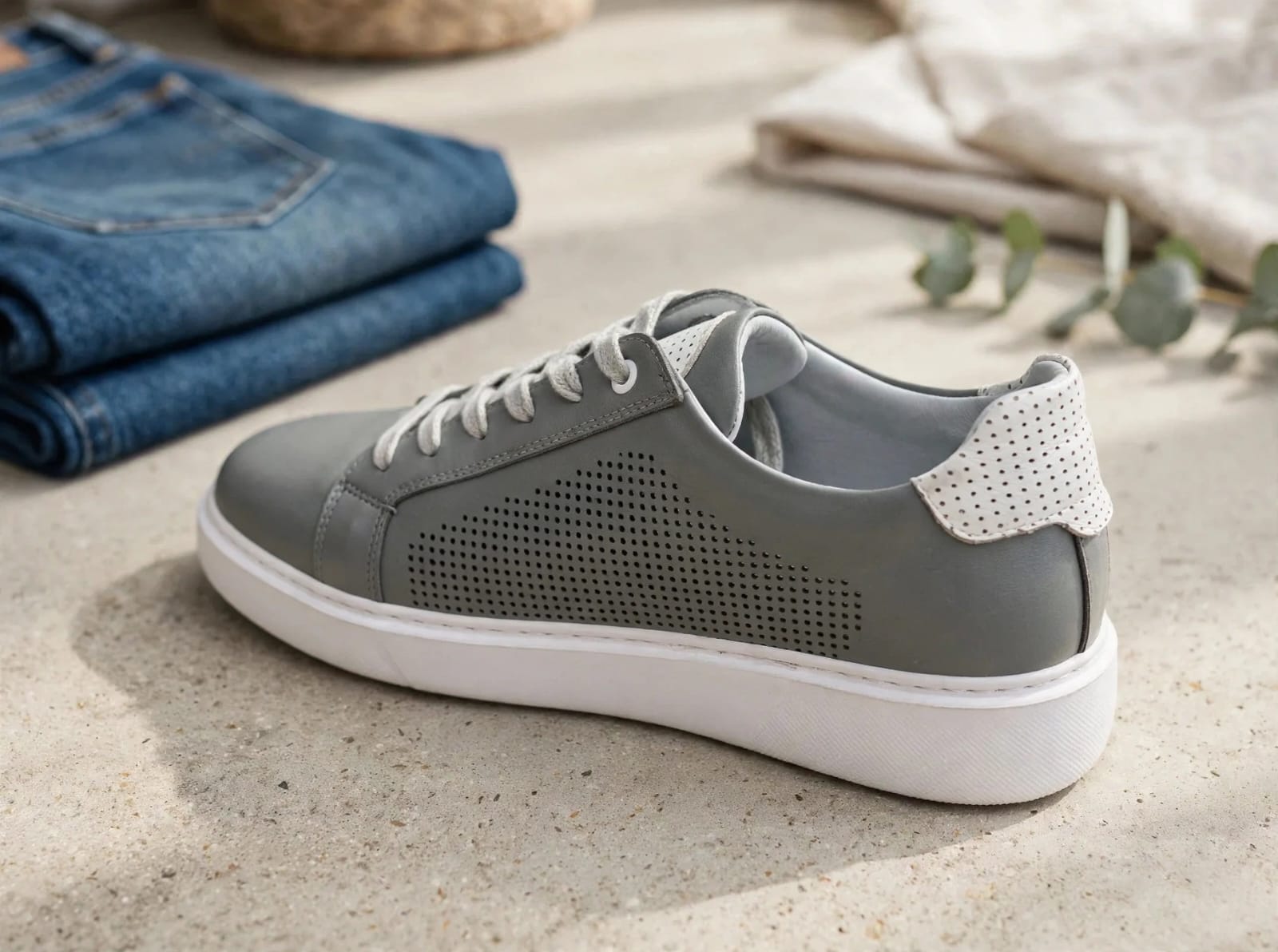 Miwano Pefofrated Leather Sneaker - Stone lGrey/White