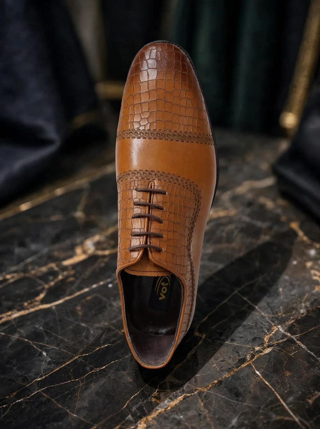 Croc-Textured Cap-Toe Oxford - Tan Brown