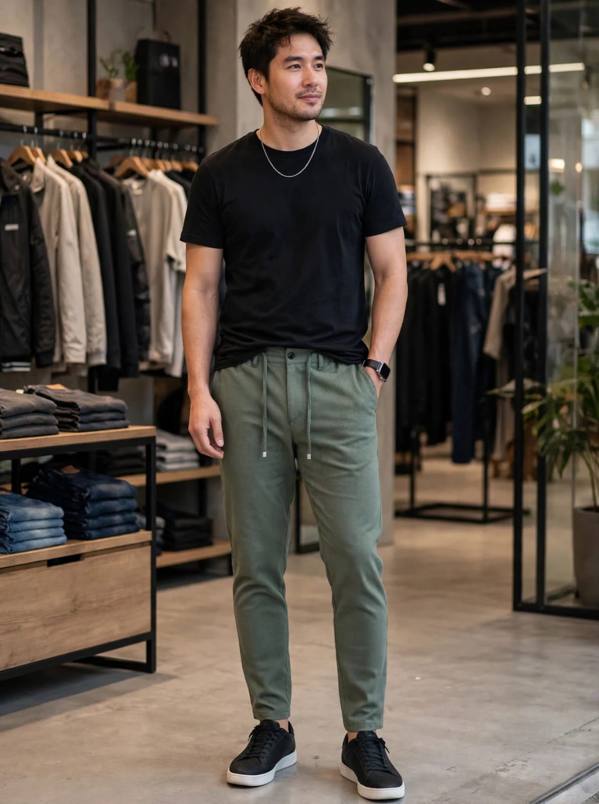 Men's Linen-blend Drawstring slim - Sage/ Olive Green