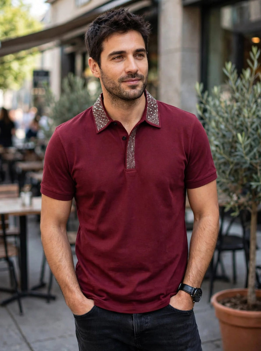 Luxury Rhinestone Polo Shirt - Burgundy/ Maroon