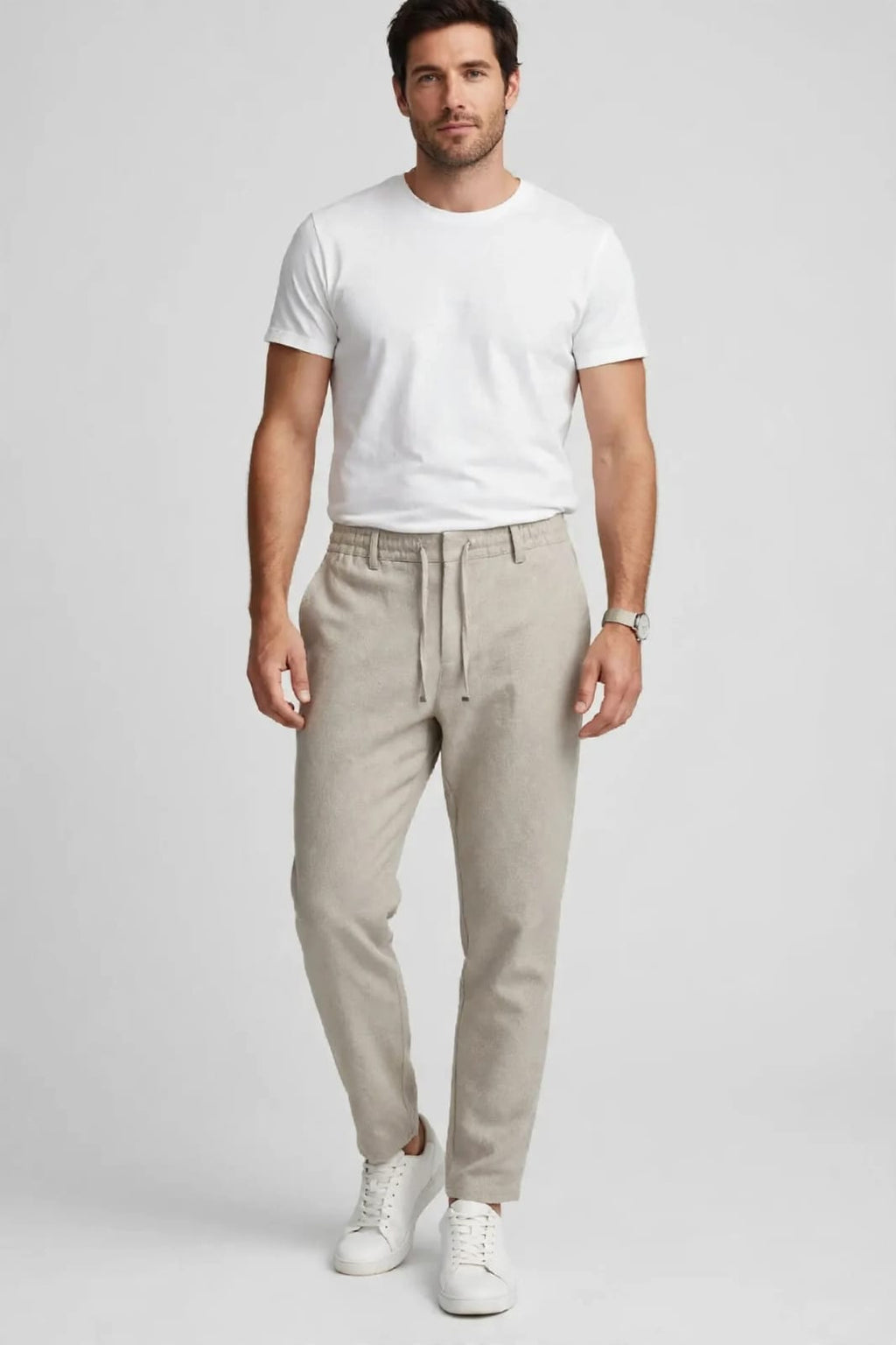 Men,s Linen-blend Drawstring slim -Beige