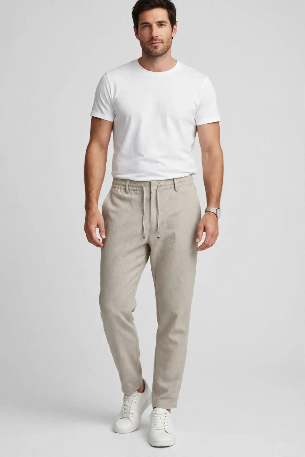 Men,s Linen-blend Drawstring slim -Beige