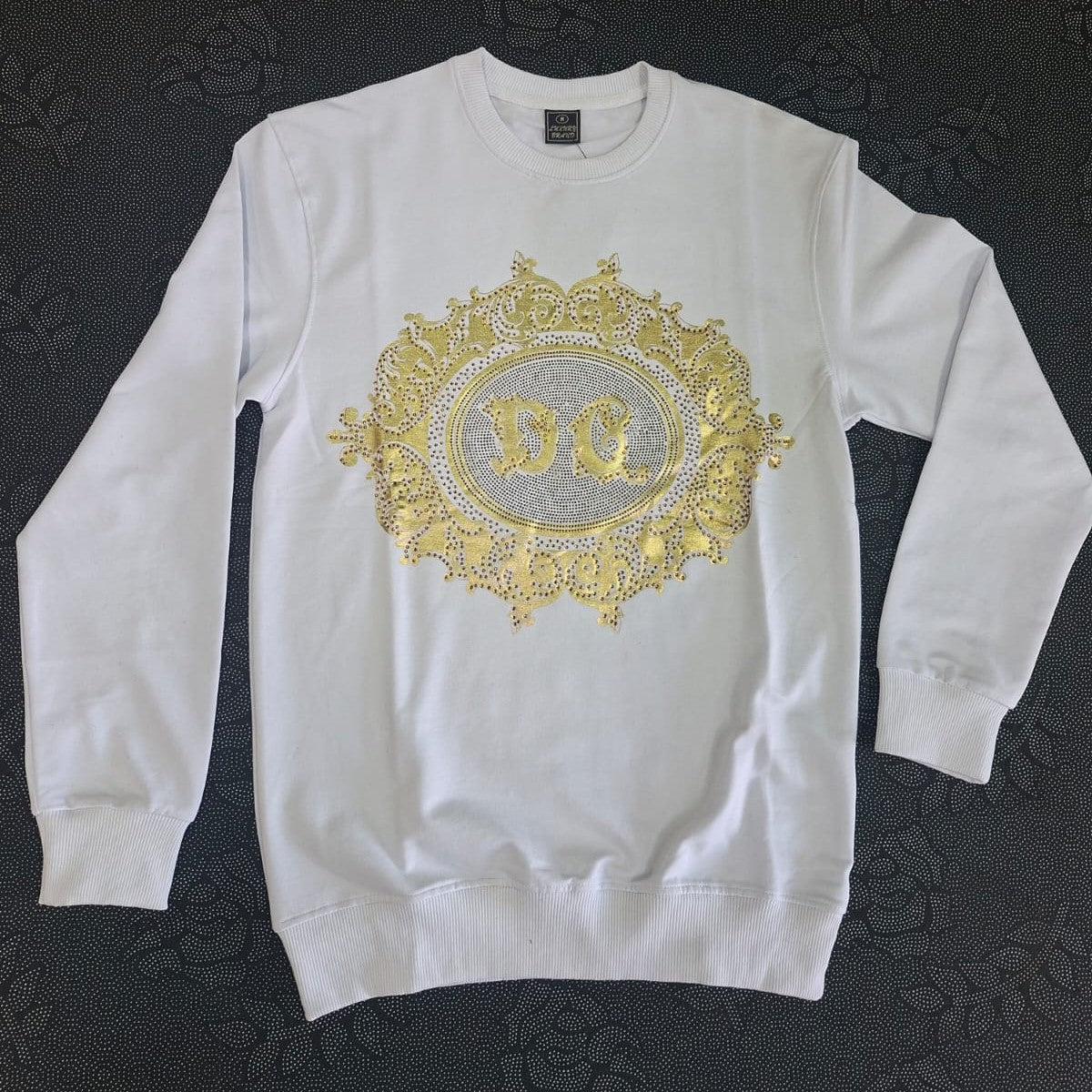 White DG Baroque Crest Sweatshirt - Gold Foil & Crystal Detail