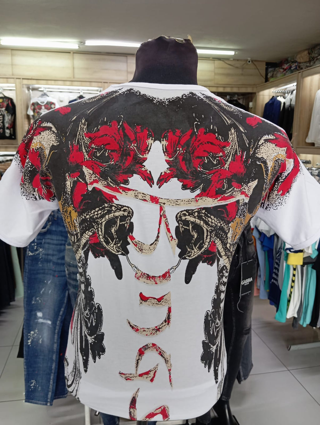White Baroque Graphic T-Shirt -Red & Black Ornate Print